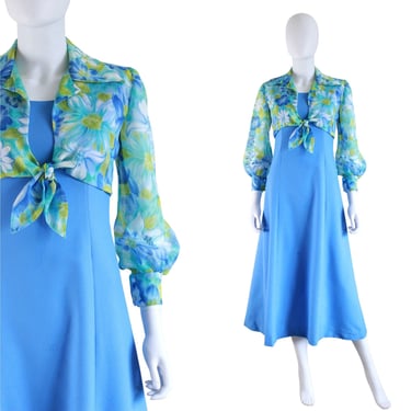Late 1960s / 1970s Dress & Matching Blouse Set - 1970s Floral Dress Set - 1970s Blue Floral Dress - Spring Floral Dress Set | Size Small 