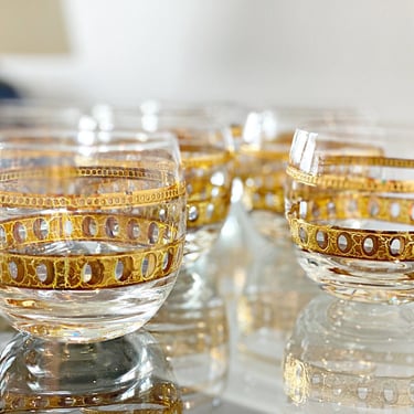 Vintage Glassware, 4 Culver glasses, Roly poly gold cocktail glasses, Old fashioned Whiskey glasses, Christmas Holiday bar glasses 