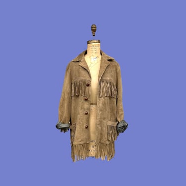 Vintage Fringe Jacket Retro 1970s Genuine Leather + Size 42 + Suede + Tan + Blazer Coat + Wood Buttons + Western Wear + Womens Apparel 