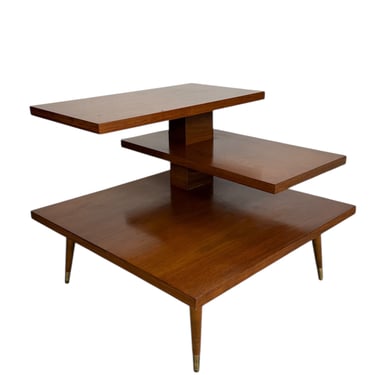 Mid Century Modern Walnut 3-Tier Side Table with Brass Tapered Legs