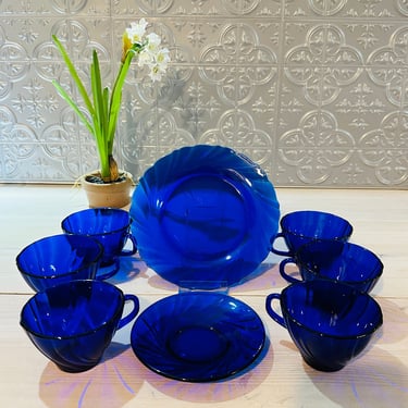1970's Vereco France Cobalt Blue Swirl Pattern 7.5 Inch Plate and Teacup and Saucer - Sold Individually 
