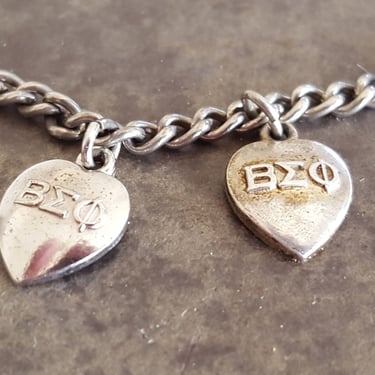 Sterling Sorority Charm Bracelet 1958~2 Sterling Heart Charms w/ Sorority Greek symbols, Beta Sigma Phi~Vintage jewelry~JewelsandMetals. 