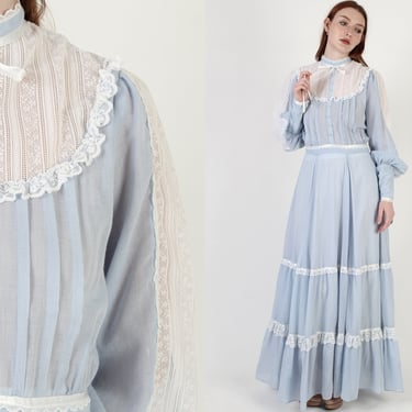 Gunne Sax Victorian Country Saloon Dress, Vintage 70s Lace Balloon Sleeves, Jessica McClintock Western Inspired Maxi Size 11 