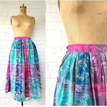 1980's Size XS Bright Neon & Floral High Waisted Skirt 