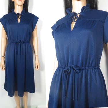 Vintage 70s Navy Blue Simple Frilly Ruffle Polyester Dress Size M/L 