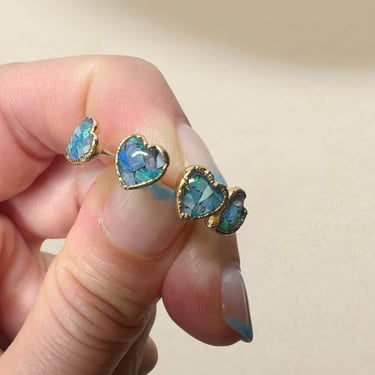 Opal Heart Earrings, October Birthstone Earrings, Blue Opal Studs, Black Opal Studs, Handmade Opal Jewelry, Fire Opal Jewelry 