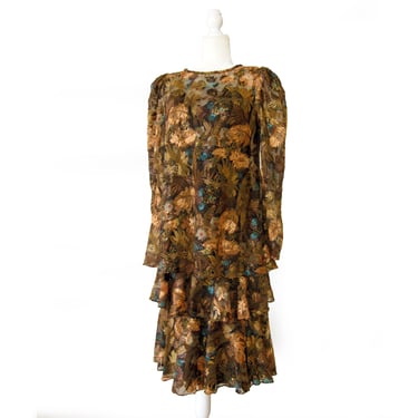 Vintage Dress, '80s Ann Hobbs for Cattiva, 2-Piece Flouncy Tiered Dress, Sheer Burnout Fabric, Metallic Floral and Leaf Print, Flutter Dress 