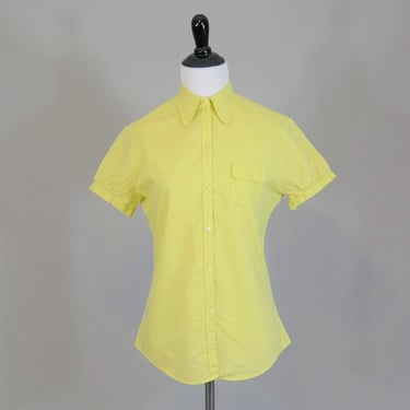 60s Yellow Blouse w/ Little White Dots - Button Front - Woven Cotton - Short Sleeves - Vintage 1960s - S 
