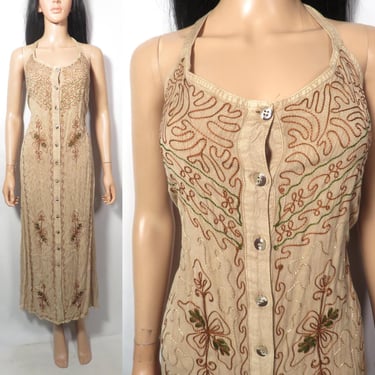 Vintage 90s Embroidered Hippie Maxi Button Front Rayon Dress Made In India Size L 