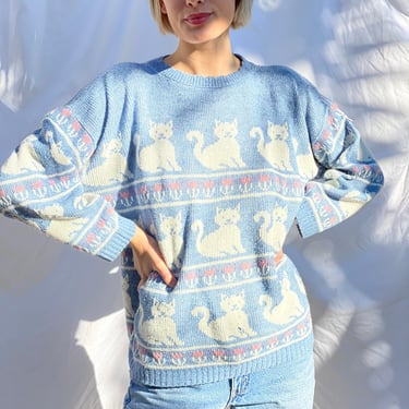 Vintage Cat Sweater / 1980's kitty Printed Knit Top / Adorable Club Kid Sweater / Cats and Flowers Print 