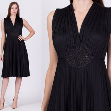 70s Boho Black Crochet Trim Pleated Dress - Small to Medium | Vintage Keyhole Back V Neck Boho Midi Sundress 