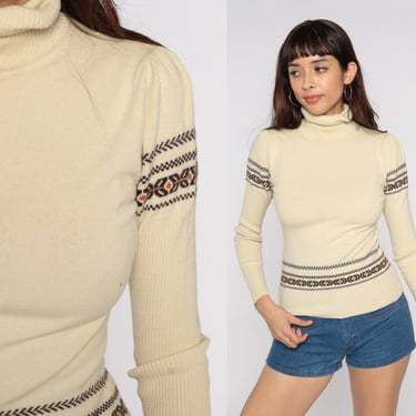 70s Turtleneck Sweater Puff Sleeve Cream Nordic Pullover Boho Striped Fair Isle Fitted Jumper 1970s Vintage Knit Funnel Neck Extra Small XS 