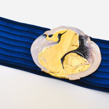 80s 90s Vintage Gold Blue Belt Buckle Blue Crane Bird Stretch Elastic Belt Blue Gold Metallic Wedding Belt Medium Large 26-35" By Charmant 