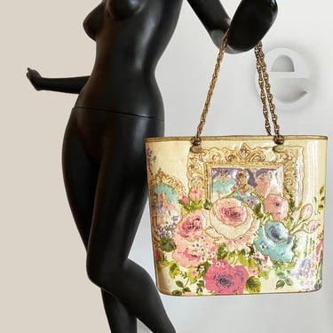 Vintage 60s Purse • Breakfast at Tiffanys! Romantic Ballerina Floral Garden Bucket Bag Tote Gold Chain Handles • Mod Rockabilly Hippie 