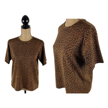 90s Animal Print Sweater Large, Short Sleeve Knit Top, Shimmery Gold Exotic Fall Brown & Black Leopard Spots, 1990s Clothes Women Vintage 