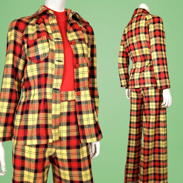 Handmade vintage plaid pantsuit 2 piece mod set high rise cuffed bell bottoms/jacket 1960s (26 waist) 