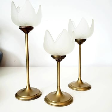RESERVED for EMILY Vintage Frosted Glass & Brass Tulip Candleholder Set 