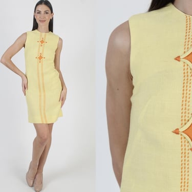 60s Go Go Party Dress, Vintage Wiggle Fit Mini, Embroidered Formfitting Sundress, Mid Century Frock 