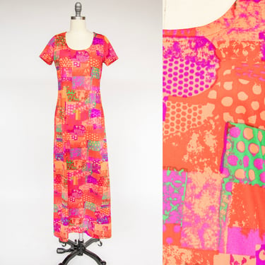 1970s Maxi Dress Neon Psychedelic Print Knit S 