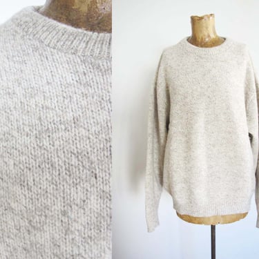 Vintage Off White Oatmeal Wool Blend Oversized Knit Sweater Large - Neutral Beige Color Baggy Knitted Jumper - Made in USA 