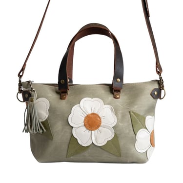 The Belen Folk Art Small Bowler | Sage Leather with Floral Applique | Handmade leather tote bag 