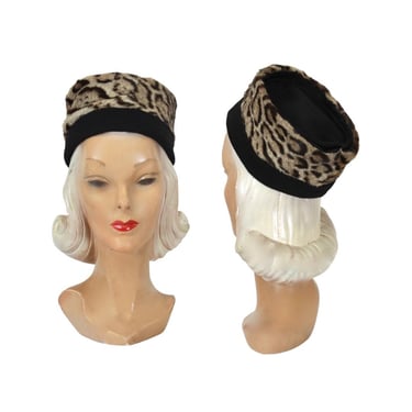 1940s Leopard Print Fur Toque Hat - 1940s Black Wool Toque Hat - 1940s Leopard Toque Hat - 1940s Leopard Pillbox Toque Hat - 1940s Toque Hat 