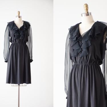 sheer black dress | 70s 80s vintage dark academia goth ruffled collar long sleeve fit and flare dress 
