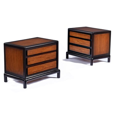 John Stuart for Mount Airy Teak Burl Walnut Chinoiserie Inspired Nightstands 