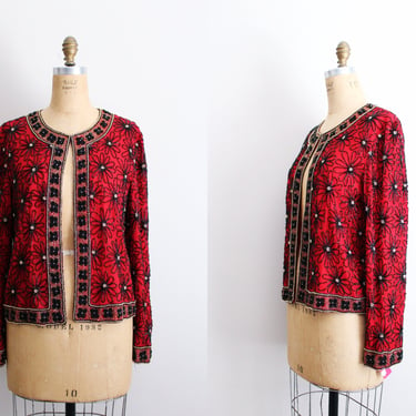 90s Red Floral Beaded Party Jacket/ Silk Jacket / Holiday Party / SEquined Jacket / 80s Jacket 