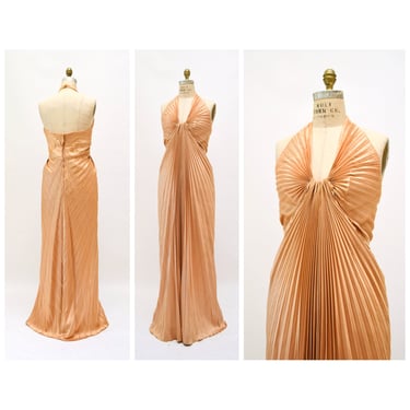 50s Vintage Pleated Halter Neck Gown Dress Harper's Kings Highway Brooklyn Gold Tan Pleated halter neck dress Wedding Marilyn Monroe Dress 