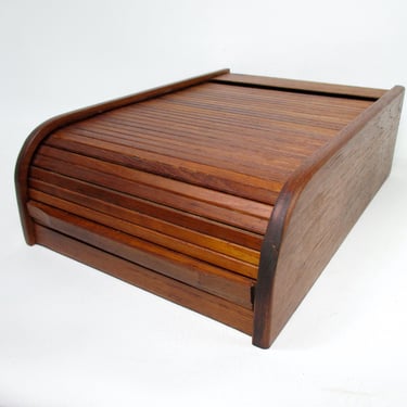 Tambour Lidded Roll Top Box Vintage Teakwood Cassette Storage Danish Mod Desktop Office Organizer Mid Century Teak Wood Chest Thailand 
