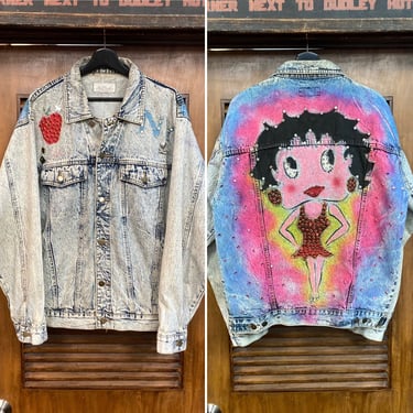 Vintage 1980’s Betty Boop Alamo Style Rhinestone Denim New Wave Trucker Jacket, 80’s Jean Jacket, Vintage Clothing 