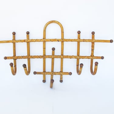 Antique French Bamboo and Rattan 5 Hook Wall Rack 