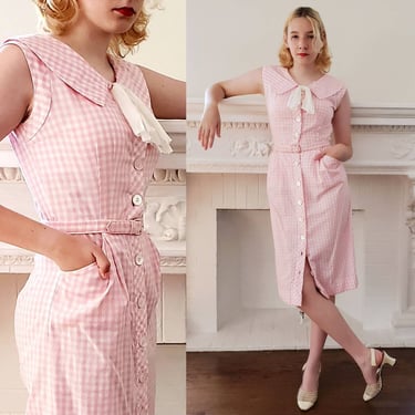 1950s Pink and White Checked Summer Dress Button Down Front / 50s Sleeveless Wiggle Shirt Dress Pussycat Bow Belted R&K Originals S Jozlyn 
