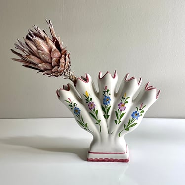 Vintage Ceramic Tulipiere Tulip Vase, 5 Finger Fan Bud Vase - Polychrome Pastels, Hand Painted, made in Portugal, Floral Flowers 
