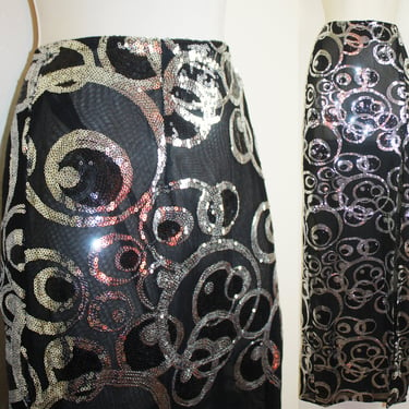 Vintage 1990s Black & Silver Slit Maxi Skirt, Size XXS 