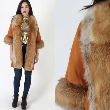 Orange Real Fox Fur Princess Jacket, Vintage 60s Penny Lane Style Coat, Soft Suede Overcoat With Pockets 