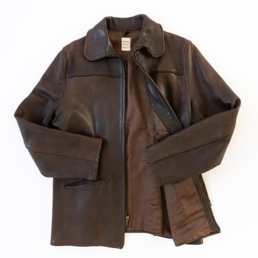 Vintage Brown Leather Zip Front Jacket