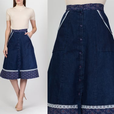 70s Boho Denim Floral Lace Trim Skirt - Extra Small, 24" | Vintage Dark Wash Button Up Pocket Blue Jean Prairie Midi 