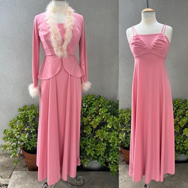Vintage dusty pink Maxi dress with peplum jacket marabou fur trim Sz XS 