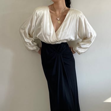 90s charmeuse + wool maxi / vintage white liquid silk charmeuse plunging wrap blouse + wool jersey knit wedding guest tuxedo maxi dress | M 