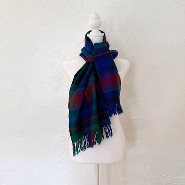 80s Red Blue Black Turquoise Plaid Fringed Scarf 