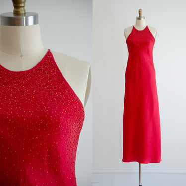 red slip dress 90s y2k vintage beaded bias cut prom dress evening gown 