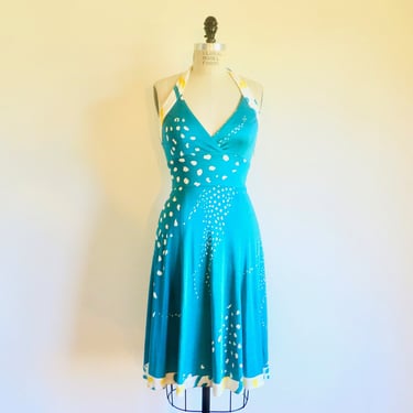 Issa Aqua Turquoise and White Print Silk Jersey Knit Halter Dress Spring Summer British Designer Size 10UK 6US Small 