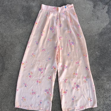 1940’s vintage blush pink satin rayon side button pants with floral pattern 