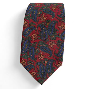 c.1990s Ralph Lauren Polo Silk Tie - Red and Blue Paisley with Fox Heads | Handmade in Italy | Men's Designer Necktie 