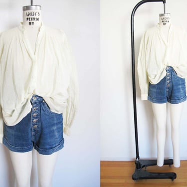 Vintage 70s Off White Gauze Cotton Peasant Blouse S M - 1970s Long Sleeve Oversized Button Up Bohemian Hippie Wrinkle Top 