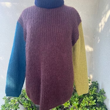 Vintage mohair turtleneck sweater oversized block colors brown green Sz L Moda Int’l 