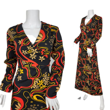 1970's Black Orange Swirl Daisy Psychedelic Floral Print Long Maxi Dress I Sz Lrg I Brief Originals 