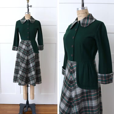 vintage 1940s Christmas dress • plaid wool tailored day dress 